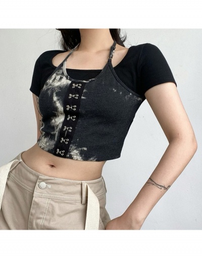 Replica Patchwork Tie Dye  Black Designer Crop T Shirts Short Sleeve #793913 $19.29 USD for Wholesale