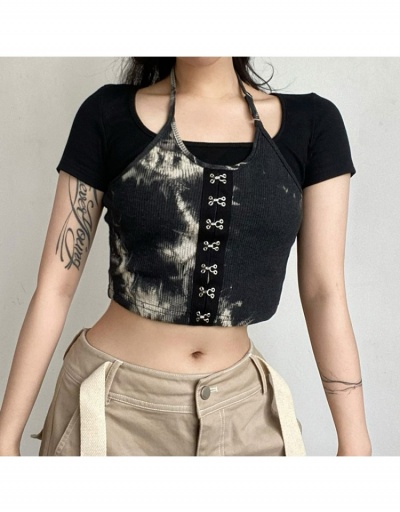 Replica Patchwork Tie Dye  Black Designer Crop T Shirts Short Sleeve #793913 $19.29 USD for Wholesale