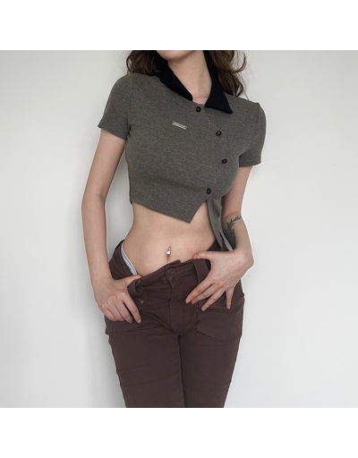 Replica  Knitting Contrast Color Irregular Design Top Short Sleeve Turndown Collar #793916 $17.28 USD for Wholesale