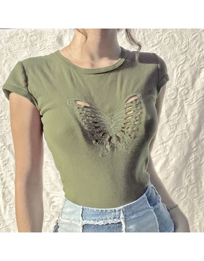 Replica  Butterfly Pattern Ripped Pure Color T-Shirt Short Sleeve Crew Neck #793918 $17.28 USD for Wholesale