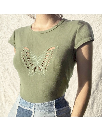 Replica  Butterfly Pattern Ripped Pure Color T-Shirt Short Sleeve Crew Neck #793918 $17.28 USD for Wholesale