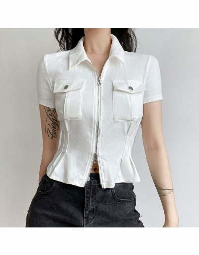  Pure Color Zipper Up Top Short Sleeve Turndown Collar #793937 $23.04 USD, Wholesale Fashion T-Shirts