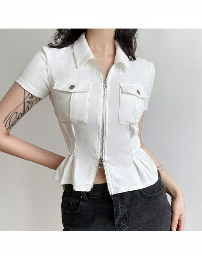 Replica  Pure Color Zipper Up Top Short Sleeve Turndown Collar #793937 $23.04 USD for Wholesale