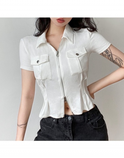 Replica  Pure Color Zipper Up Top Short Sleeve Turndown Collar #793937 $23.04 USD for Wholesale