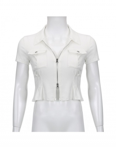 Replica  Pure Color Zipper Up Top Short Sleeve Turndown Collar #793937 $23.04 USD for Wholesale