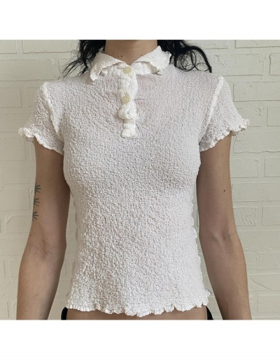 Replica Knitting  Stringy Selvedge  Solid White Ladies Tops Short Sleeve Turndown Collar #793941 $17.75 USD for Wholesale