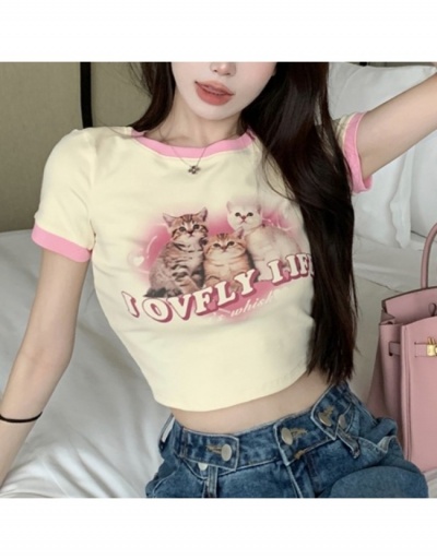 Replica  Sweet Contrast Color Letter Printed Crop Top Short Sleeve Crew Neck #793954 $12.20 USD for Wholesale