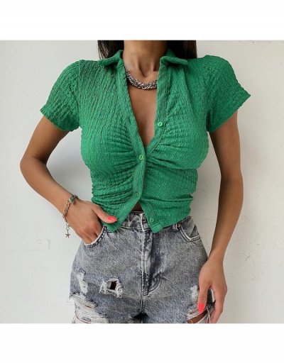 Replica Ruched Solid Button Up Ladies Tops Short Sleeve Turndown Collar #793985 $16.77 USD for Wholesale