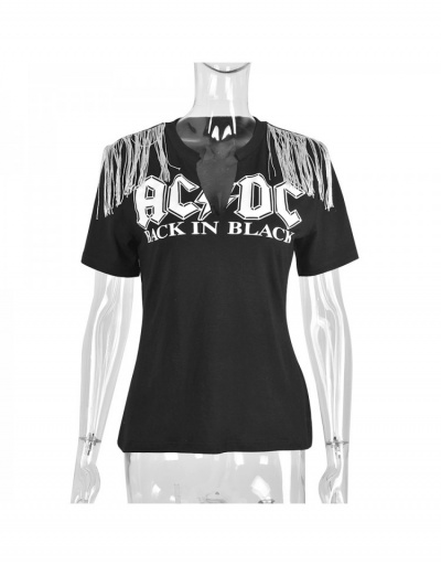 Replica  Trendy Letter Printed Tassel Crop Top Short Sleeve V Neck #794034 $18.76 USD for Wholesale