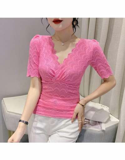 Replica Korean Style V Neck Lace Solid Ladies Tops Short Sleeve V Neck #794065 $26.00 USD for Wholesale