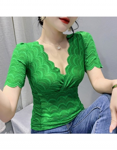 Replica Korean Style V Neck Lace Solid Ladies Tops Short Sleeve V Neck #794065 $26.00 USD for Wholesale