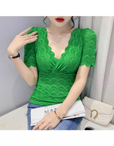 Replica Korean Style V Neck Lace Solid Ladies Tops Short Sleeve V Neck #794065 $26.00 USD for Wholesale