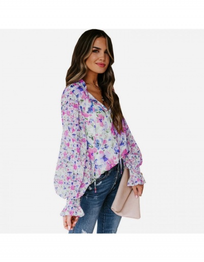 Replica  Summer Floral Print Lantern Sleeve Women's T-Shirts Long Sleeve Stand Collar,V Neck #794066 $23.07 USD for Wholesale