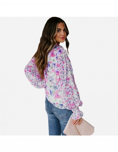 Replica  Summer Floral Print Lantern Sleeve Women's T-Shirts Long Sleeve Stand Collar,V Neck #794066 $23.07 USD for Wholesale