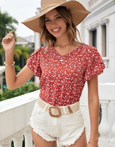 Petal Sleeve  Floral V Neck Ladies Bohemian Tops Short Sleeve V Neck #794071 $16.35 USD, Wholesale Fashion Blouses