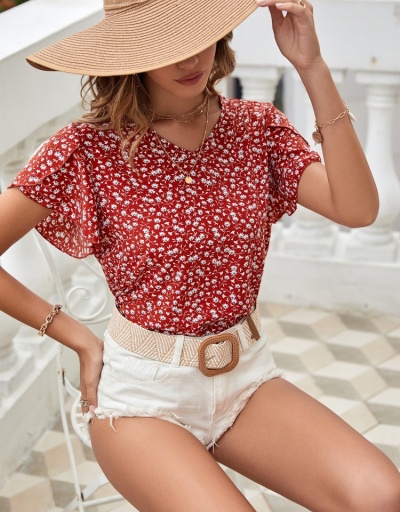 Replica Petal Sleeve  Floral V Neck Ladies Bohemian Tops Short Sleeve V Neck #794071 $16.35 USD for Wholesale