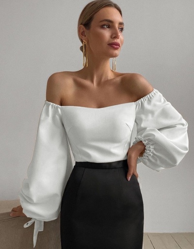 Lantern Sleeve  Off The Shoulder Ladies White Tops Long Sleeve Boat Neck #794079 $19.95 USD, Wholesale Fashion Blouses