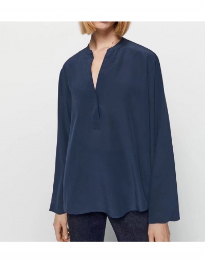 Casual Pure Color Loose Standing Collar Women's Blouse Long Sleeve Lapel #794086 $43.68 USD, Wholesale Fashion Blouses