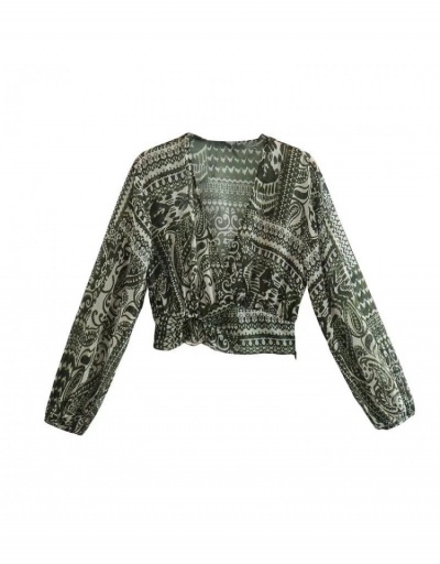 Replica Fashion Printing Puff Sleeve Women's V-Neck Blouse Long Sleeve V Neck #794087 $33.91 USD for Wholesale