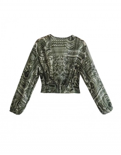 Replica Fashion Printing Puff Sleeve Women's V-Neck Blouse Long Sleeve V Neck #794087 $33.91 USD for Wholesale