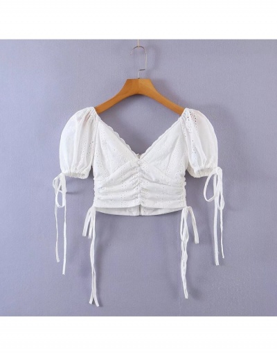 Replica Ladies White Puff Sleeve  V Neck Ruched Cropped Blouse Short Sleeve V Neck #794094 $33.25 USD for Wholesale