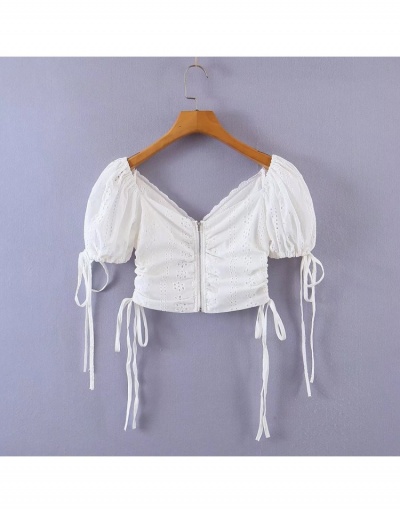 Replica Ladies White Puff Sleeve  V Neck Ruched Cropped Blouse Short Sleeve V Neck #794094 $33.25 USD for Wholesale