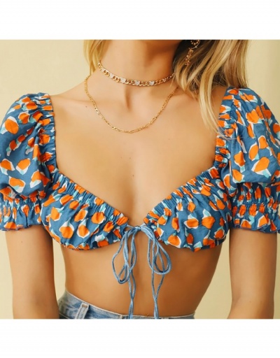 Replica Sexy Tie Wrap Printed Puff Sleeve Cropped Blouse Short Sleeve Sweetheart Neck #794101 $14.58 USD for Wholesale