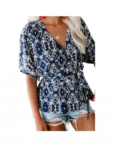 Chiffon Loose Printed Short Sleeve Top  Short Sleeve V Neck #794104 $21.97 USD, Wholesale Fashion Blouses