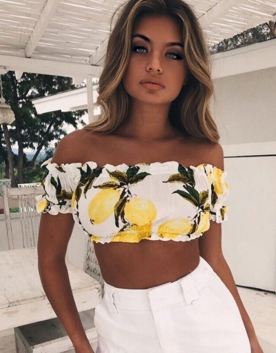 Replica Women Sexy Off Shoulder Short Sleeve Cropped Tops Short Sleeve Boat Neck #794108 $11.70 USD for Wholesale