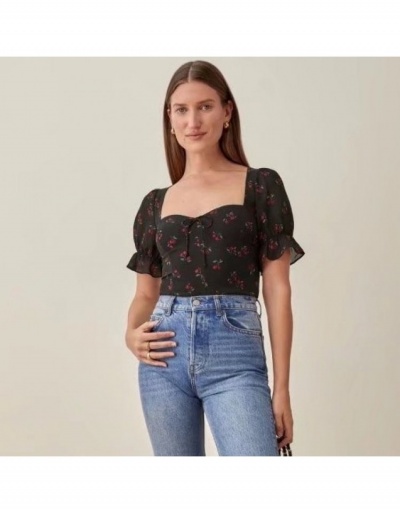  Summer Puff Sleeve Printing Women's Blouse Short Sleeve Square Neck #794110 $30.40 USD, Wholesale Fashion Blouses