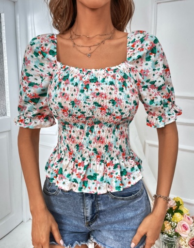 Replica  Summer Floral Puff Sleeve Ruffled Blouse Short Sleeve Square Neck #794125 $21.97 USD for Wholesale