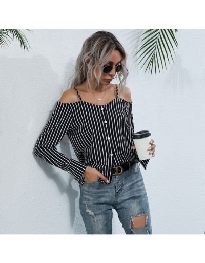 Euro Style Striped Single-breasted Long Sleeve Sexy Blouse  Long Sleeve Boat Neck #794136 $18.98 USD, Wholesale Fashion Blouses