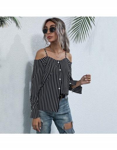 Replica Euro Style Striped Single-breasted Long Sleeve Sexy Blouse  Long Sleeve Boat Neck #794136 $18.98 USD for Wholesale