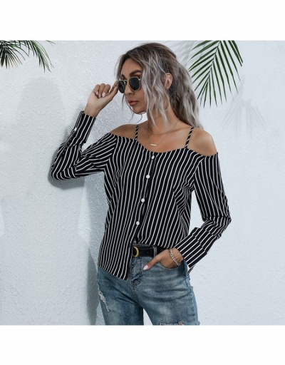 Replica Euro Style Striped Single-breasted Long Sleeve Sexy Blouse  Long Sleeve Boat Neck #794136 $18.98 USD for Wholesale