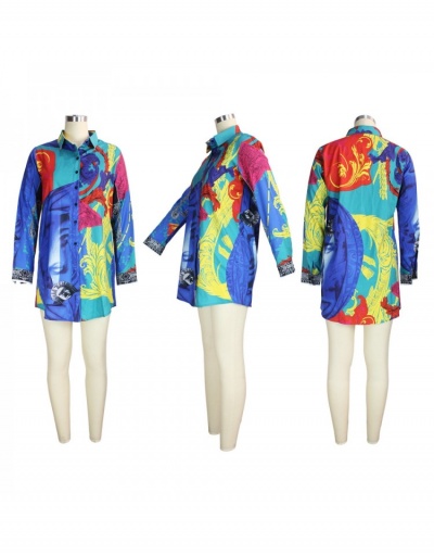 Replica Stylish Printed Long Sleeve Long Blouse For Women Long Sleeve Turndown Collar #794140 $24.90 USD for Wholesale