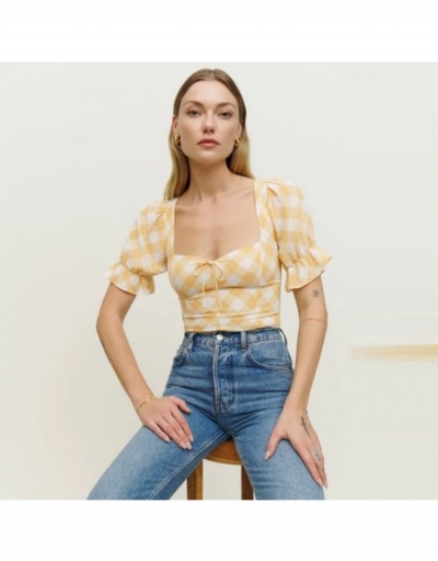 Women Puff Short Sleeve Plaid Cropped Tops  Short Sleeve Square Neck #794145 $32.78 USD, Wholesale Fashion Blouses