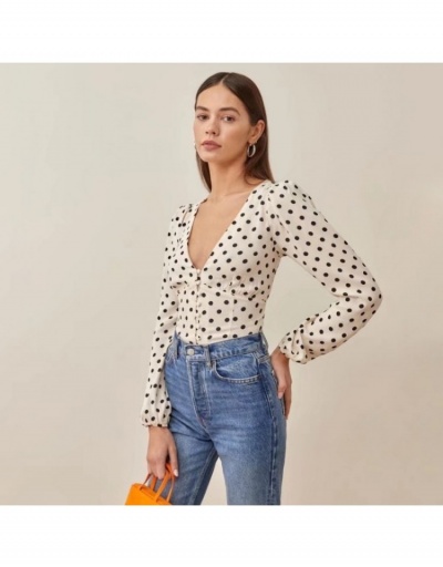 V-neck Long Sleeve Dot Fashion Tops  Long Sleeve V Neck #794147 $29.87 USD, Wholesale Fashion Blouses