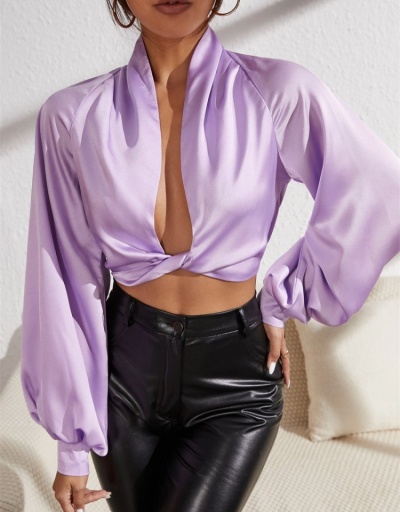 Replica  Solid Satin V Neck Long Sleeve Blouse Long Sleeve V Neck #794172 $26.07 USD for Wholesale