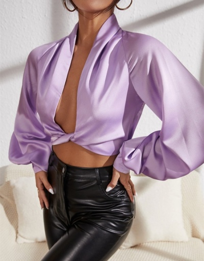 Replica  Solid Satin V Neck Long Sleeve Blouse Long Sleeve V Neck #794172 $26.07 USD for Wholesale