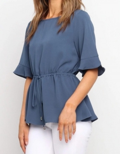 Replica Casual Pure Color Ruffled Half Sleeve Ladies Top Half Sleeve Crew Neck #794178 $16.38 USD for Wholesale