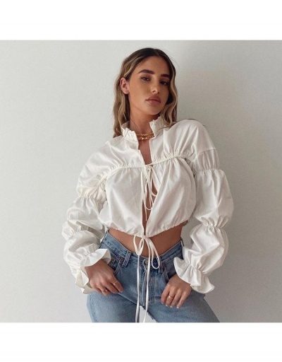 Designer Tie Wrap Stringy Selvedge  White Crop Blouse Long Sleeve Stand Collar #794181 $28.81 USD, Wholesale Fashion Blouses