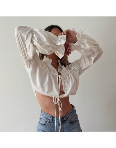 Replica Designer Tie Wrap Stringy Selvedge  White Crop Blouse Long Sleeve Stand Collar #794181 $28.81 USD for Wholesale