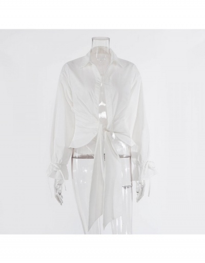 Replica Sexy White Puff Sleeve Fall Ruched Ladies Blouse Long Sleeve Turndown Collar #794182 $27.58 USD for Wholesale