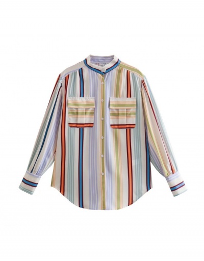 Replica Latest Lantern Sleeve  Striped  Pockets Ladies Blouse Long Sleeve Stand Collar #794184 $27.04 USD for Wholesale