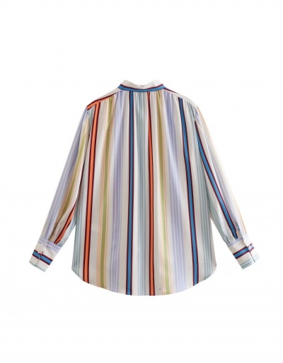 Replica Latest Lantern Sleeve  Striped  Pockets Ladies Blouse Long Sleeve Stand Collar #794184 $27.04 USD for Wholesale