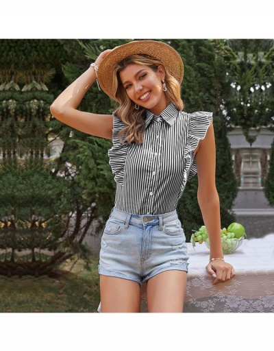 Replica Ruffles Patchwork Striped  Summer Blouse Tops Short Sleeve Turndown Collar #794188 $25.76 USD for Wholesale