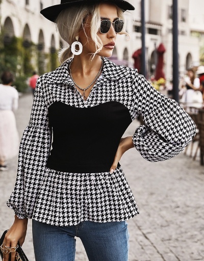 Designer Houndstooth  Urban Style Puff Sleeve Ladies Blouse Long Sleeve Turndown Collar #794192 $24.21 USD, Wholesale Fashion Blouses