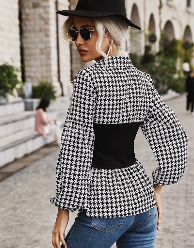 Replica Designer Houndstooth  Urban Style Puff Sleeve Ladies Blouse Long Sleeve Turndown Collar #794192 $24.21 USD for Wholesale