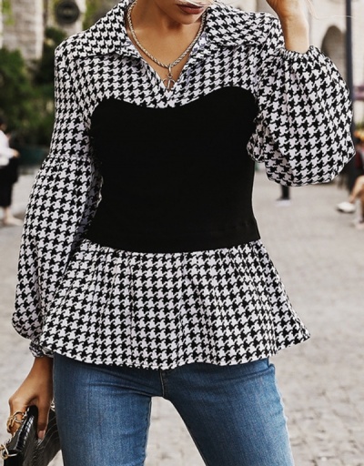 Replica Designer Houndstooth  Urban Style Puff Sleeve Ladies Blouse Long Sleeve Turndown Collar #794192 $24.21 USD for Wholesale