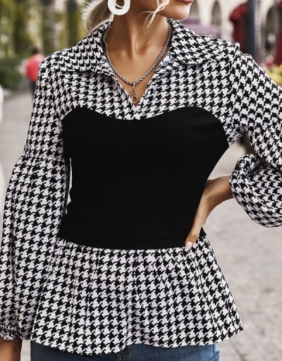 Replica Designer Houndstooth  Urban Style Puff Sleeve Ladies Blouse Long Sleeve Turndown Collar #794192 $24.21 USD for Wholesale